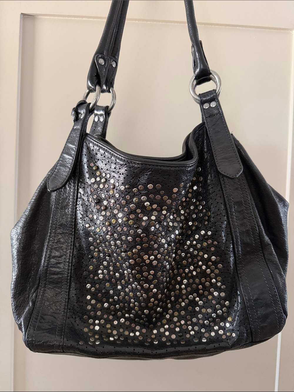 Frye Black Leather Shoulder Bag with Mixed Metal Studs.
